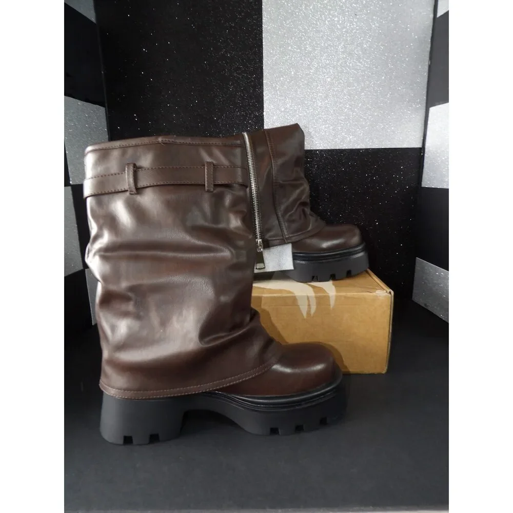 Mid-Calf Lug Sole Dress Boots - Brown (Size US Women's 7)